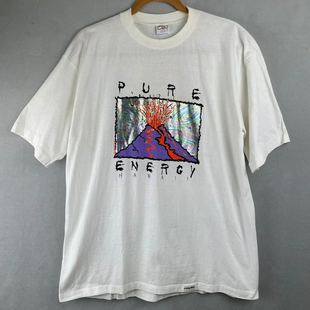 VTG Crazy Shirts Hawaii Pure Energy Volcano Graphic T Shirt Men L White USA Made